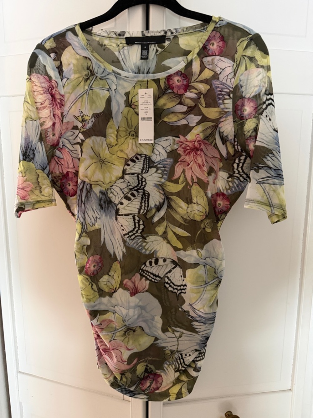 White House Black Market Olive Floral Sheer Tee with Pink Accents